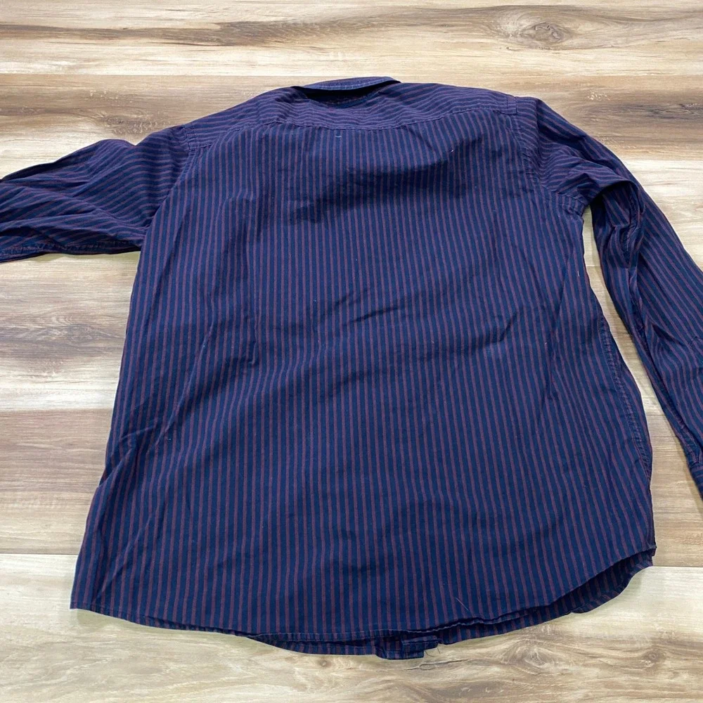 Banana Republic Button Down Men L Stretch Soft Wash Slim Navy Burgundy Stripe